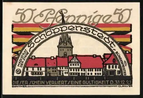 Notgeld Schöppenstedt, 1921, 50 Pfennig, Stadtansicht mit Kirchturm und Häusern, Rückseite mit Text und Symbolen