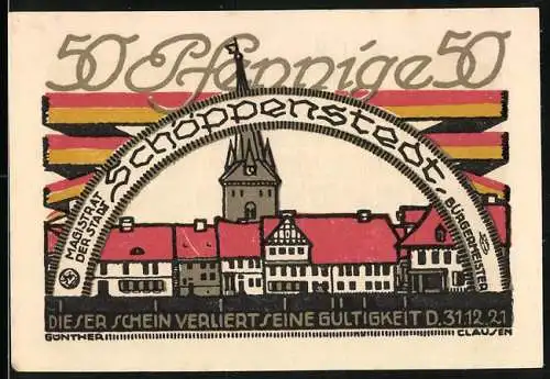 Notgeld Schöppenstedt, 1921, 50 Pfennig, Stadtansicht mit Schrift und Illustration auf der Rückseite