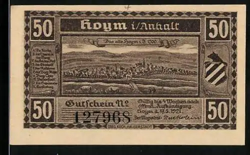 Notgeld Hoym / Anhalt 1921, 50 Pfennig, Stadtansicht und Hoymer Kirchtor 1670