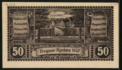 Notgeld Hoym / Anhalt 1921, 50 Pfennig, Stadtansicht und Hoymer Kirchtor 1670