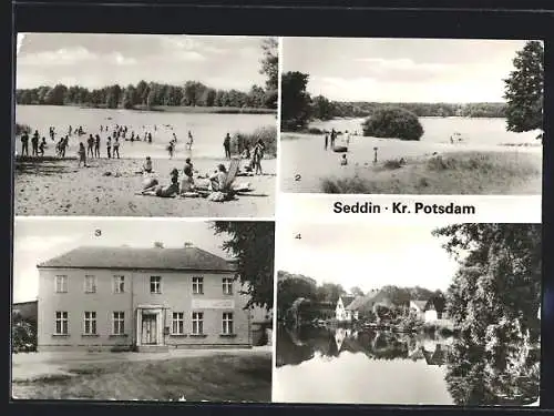 AK Seddin, Badegäste am Seddinsee, Konsum-Gaststätte Drei Linden und Blick über den kleinen Seddinsee