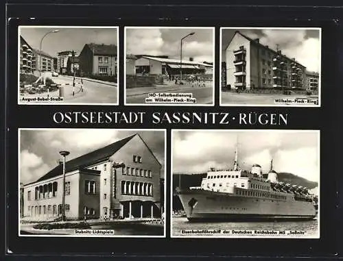 AK Sassnitz /Rügen, August-Bebel-Strasse, Wilhelm-Pieck-Ring, Dampfer MS Sassnitz