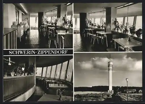 AK Schwerin-Zippendorf, Partie am Fernsehturm, Innenansicht des Restaurants