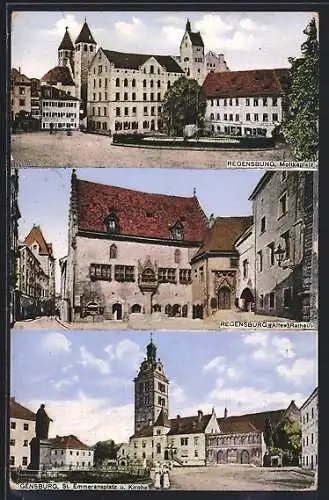 AK Regensburg, Moltkeplatz, Altes Rathaus, St. Emmeransplatz und Kirche