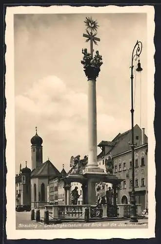 AK Straubing, Dreifaltigkeitssäule mit Blick auf die Jesuitenkirche