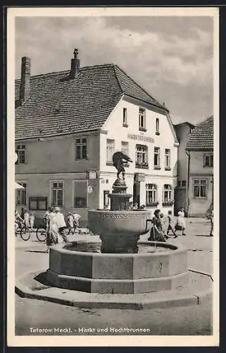 AK Teterow /Meckl., Gasthaus zum Marktbrunnen, Markt und Hechtbrunnen