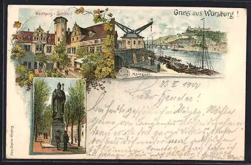 Lithographie Würzburg, Restaurant Weinhaus Sandhof, Mainquai