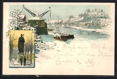 Winter-Lithographie Würzburg, Landschaft mit Festung und Fluss, Bischofsdenkmal