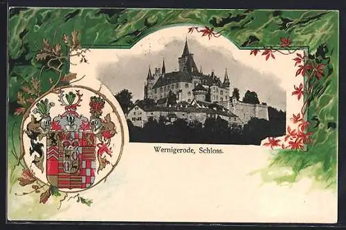 Passepartout-AK Wernigerode, Schloss und Wappen, Bahnpoststempel