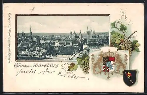 Passepartout-Lithographie Würzburg, Panorama der Stadt, geprägtes Wappen