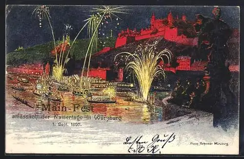 Lithographie Würzburg, Kaisertage 1. Sept. 1897, Feuerwerk und Bootscorso auf dem Main