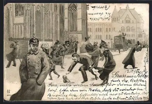 Lithographie Köln, Sturm am Dom, Passanten fliegen die Hüte vom Kopf