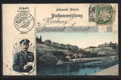 AK Würzburg, Königreich Bayern Postanweisung Tausend Grüsse, Briefträger, Stadtbild
