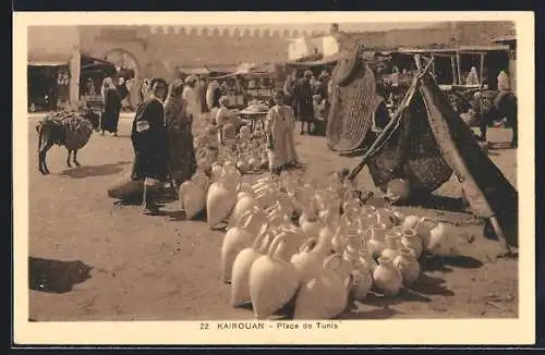 AK Kairouan, Place de Tunis, Marktplatz mit Händlern