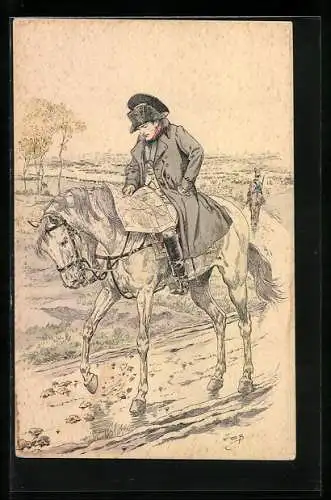AK Napoleon studiert auf seinem Pferd die Landkarte