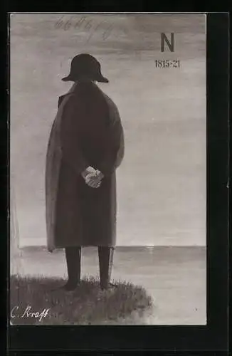 Künstler-AK Napoleon steht in Uniform an einem Ufer