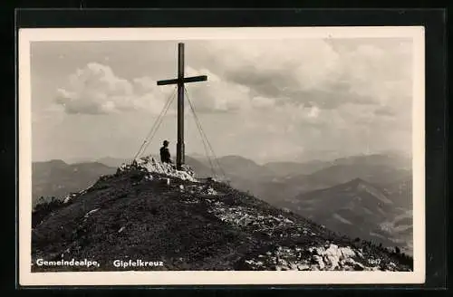 AK Wanderer am Gipfelkreuz auf der Gemeindealpe
