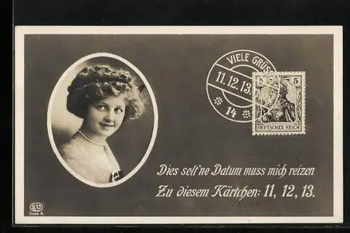 AK 11.12.1913, Junge Frau mit Perlenkette