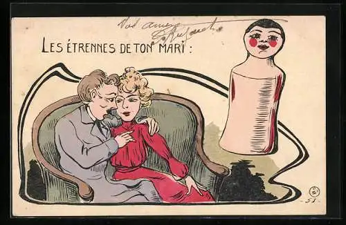 AK Les Etrennes de Ton Mari, Paar im Gespräch, Gummipuppe, Erotik