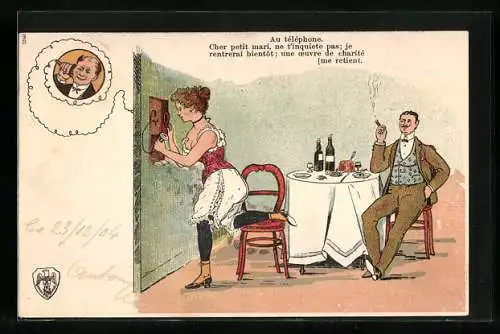 Künstler-AK Dame am Telefon
