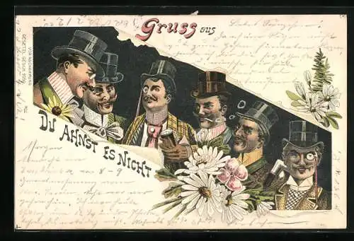 Lithographie Du ahnst es nicht, Herren mit Zylindern und Monokel in geselliger Runde