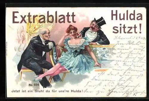 Künstler-AK Optik, Mann mit Monokel, Hulda sitzt