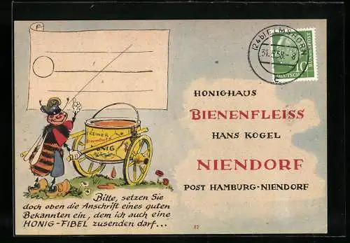 AK Niendorf, Honighaus Bienenfleiss Hans Kogel, Biene mit Handwagen