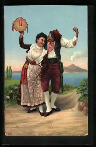 Lithographie Tanzendes Paar aus Italien in Tracht