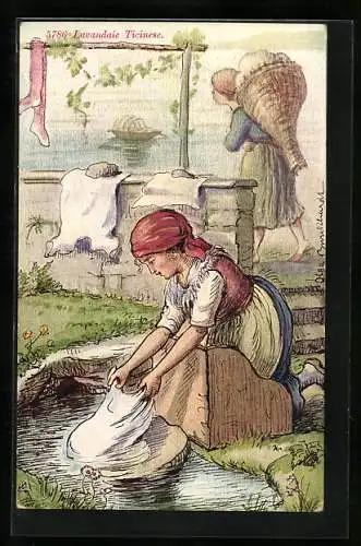 Künstler-AK Lavandaie Ticinese, Waschfrau aus dem Tessin
