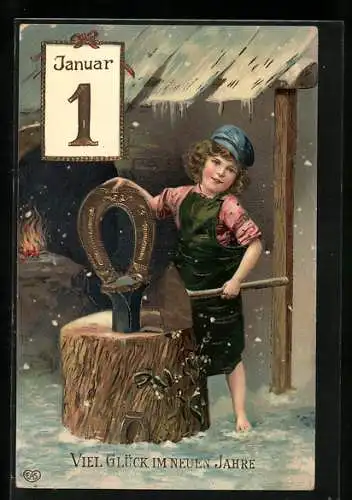 AK Kleiner Schmied im Schnee hämmert ein Hufeisen