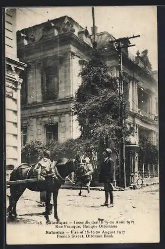 AK Salonique, Rue Franque, Banque Ottomane, Incendie Aout 1917