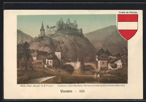 Künstler-AK Vianden, Ortsansicht am Fluss mit der Burgruine, das Stadtwappen