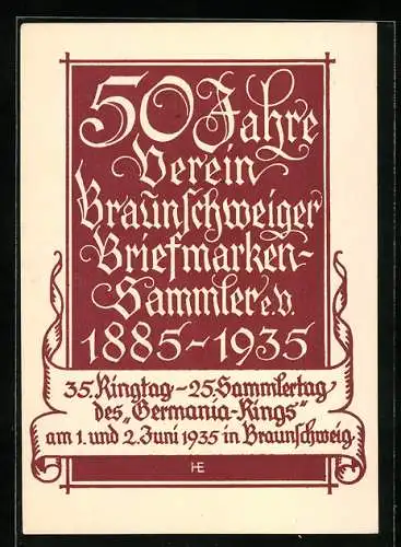 AK Braunschweig, 50 Jahre Verein der Briefmarkensammler 1885-1935