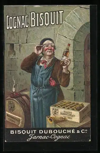 AK Kellermeister begutachtet eine Flasche, Reklame für Cognac Bisquit