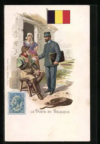 AK La Poste en Belgique, Postbote überreicht Bauernpaar einen Brief, belgische Fahne, Briefmarke