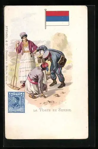 AK Serbien, Postbote mit Menschen in Trachten