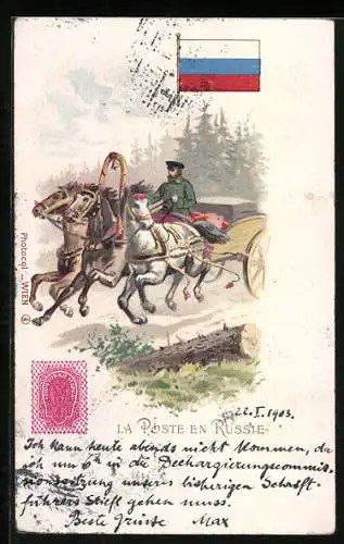 Lithographie La Poste en Russie, russischer Postbote fährt in einer Kutsche durch die Landschaft