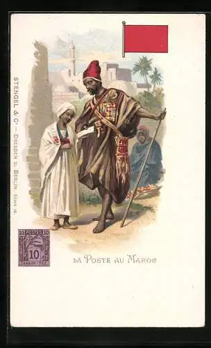 Lithographie La Poste au Maroc, Postbote, Brief