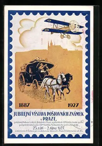 AK Prag, Jubiläumsausstellung von Postkarten 1927, Flugzeug & Kutsche
