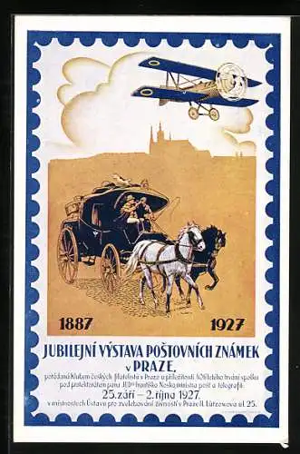 AK Prag, Jubiläumsausstellung von Postkarten 1927, Flugzeug & Kutsche