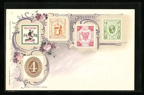 Lithographie Briefmarken aus Heligoland, Hamburg, Lübeck und Bremen
