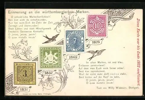 Künstler-AK Zur Erinnerung an die württembergischen Marken, Postgeschichte