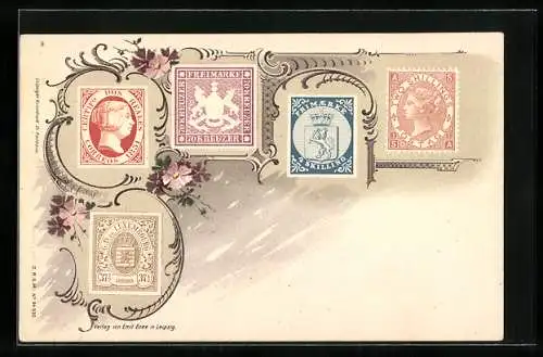 AK Briefmarken aus Luxemburg, Spanien, Deutschland, Skandinavien und England