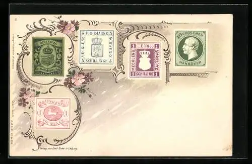 AK Briefmarken aus Braunschweig, Oldenburg, Schwerin, Strelitz und Hannover