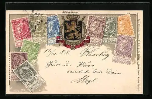 AK Briefmarken aus Belgien und das königliche belgische Wappen