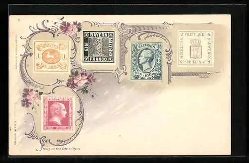 AK Briefmarken aus Braunschweig, Bayern, Sachsen und Schwerin