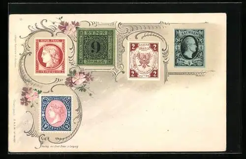AK Briefmarken aus Spanien, Frankreich, Baden, Lübeck und Sachsen