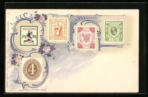 AK Briefmarken aus Helgoland, Schleswig, Hamburg, Lübeck und Bremen