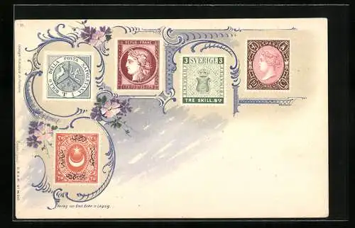 Lithographie Briefmarken aus Schweden, Spanien, Napoli & Frankreich