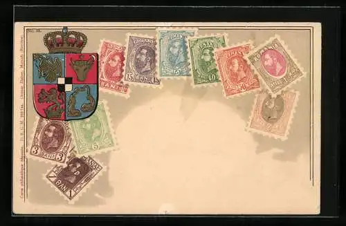 AK Briefmarken aus Romania, Wappen mit Krone